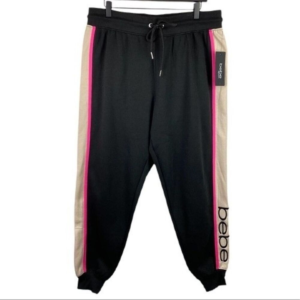 Bebe Sweatpants Womens 2X Black Pink Jogger Pants Pockets Casual Ladies
